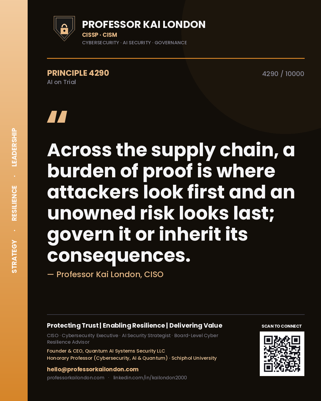 Quote card by Professor Kai London reading 'Across the supply chain, a burden of proof is where attackers look first and an unowned risk looks last; govern it or inherit its consequences.'. From the book AI on Trial.
