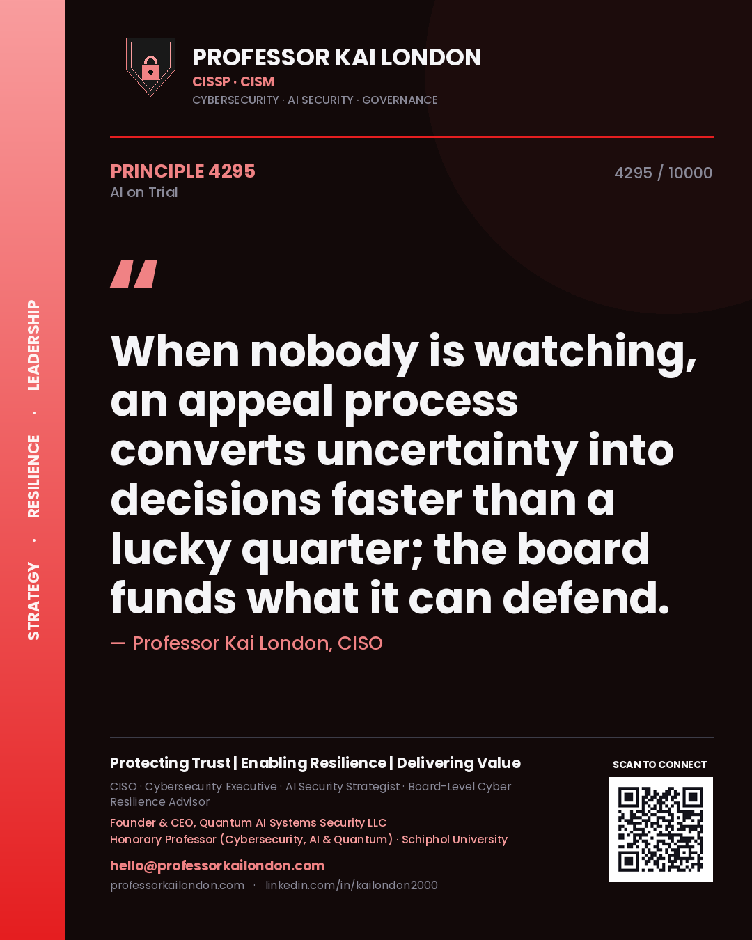 Quote card by Professor Kai London reading 'When nobody is watching, an appeal process converts uncertainty into decisions faster than a lucky quarter; the board funds what it can defend.'. From the book AI on Trial.