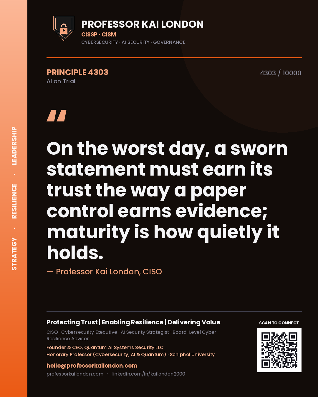Quote card by Professor Kai London reading 'On the worst day, a sworn statement must earn its trust the way a paper control earns evidence; maturity is how quietly it holds.'. From the book AI on Trial.