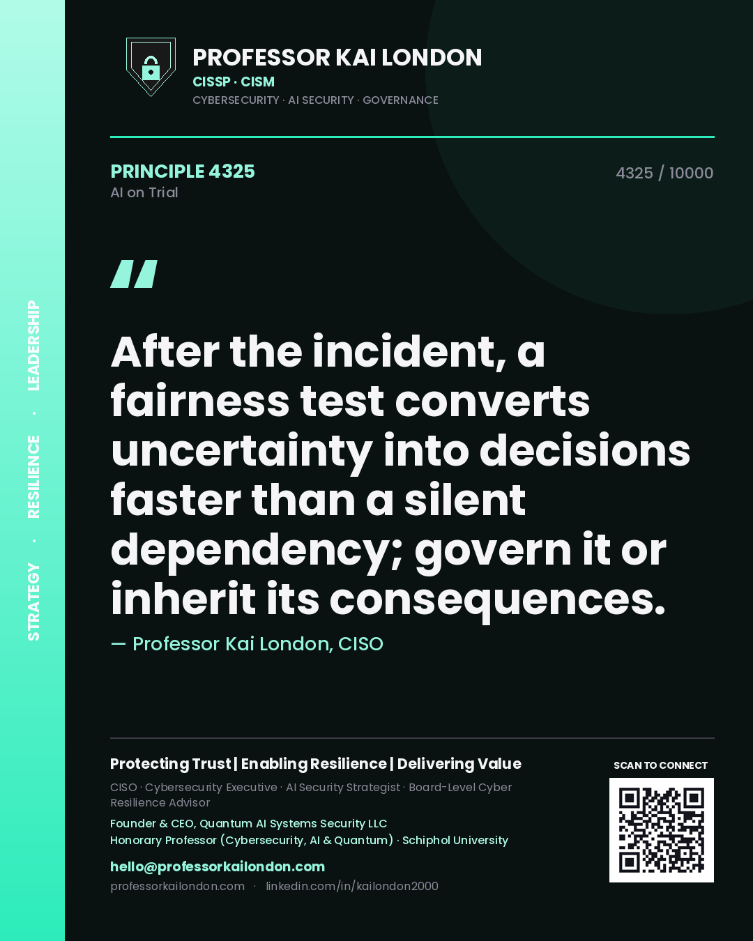 Quote card by Professor Kai London reading 'After the incident, a fairness test converts uncertainty into decisions faster than a silent dependency; govern it or inherit its consequences.'. From the book AI on Trial.