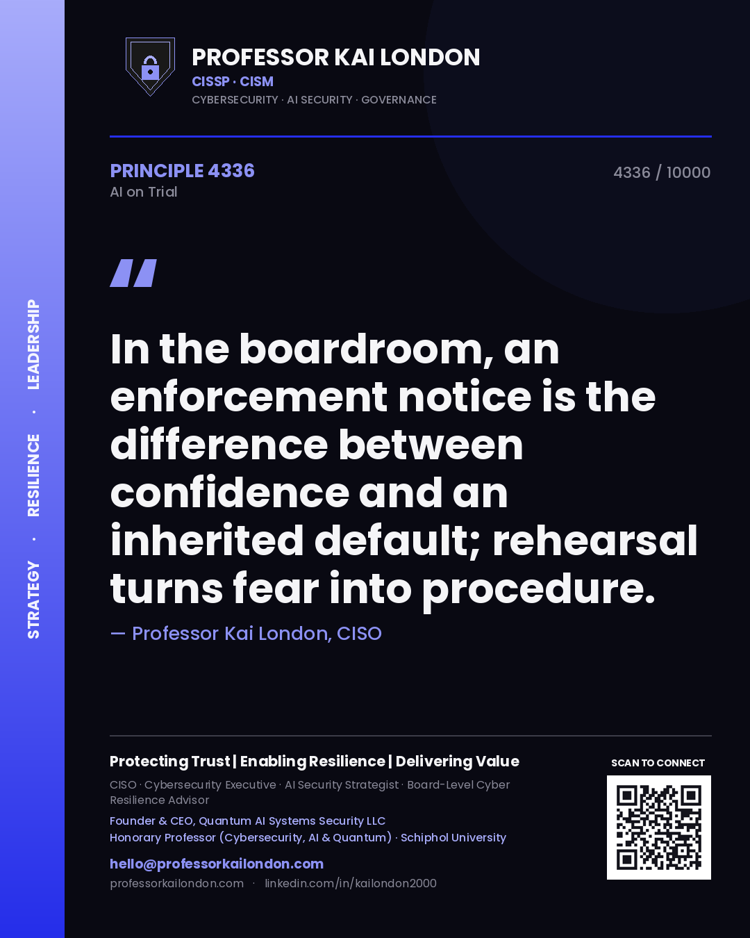Professor Kai London principle 4336: In the boardroom, an enforcement notice is the difference between confidence and an inherited default; rehearsal turns fear into procedure.
