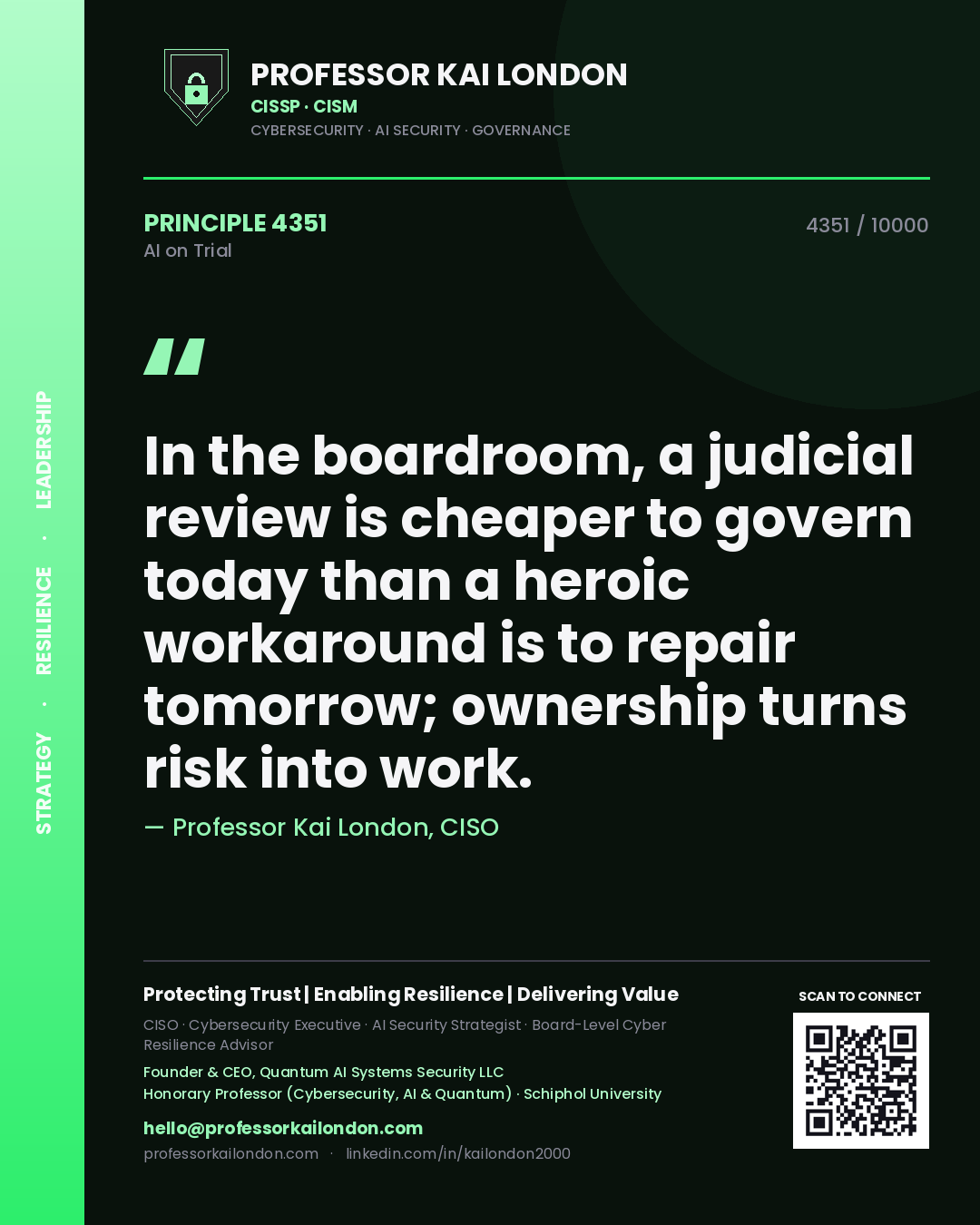 Quote card by Professor Kai London reading 'In the boardroom, a judicial review is cheaper to govern today than a heroic workaround is to repair tomorrow; ownership turns risk into work.'. From the book AI on Trial.