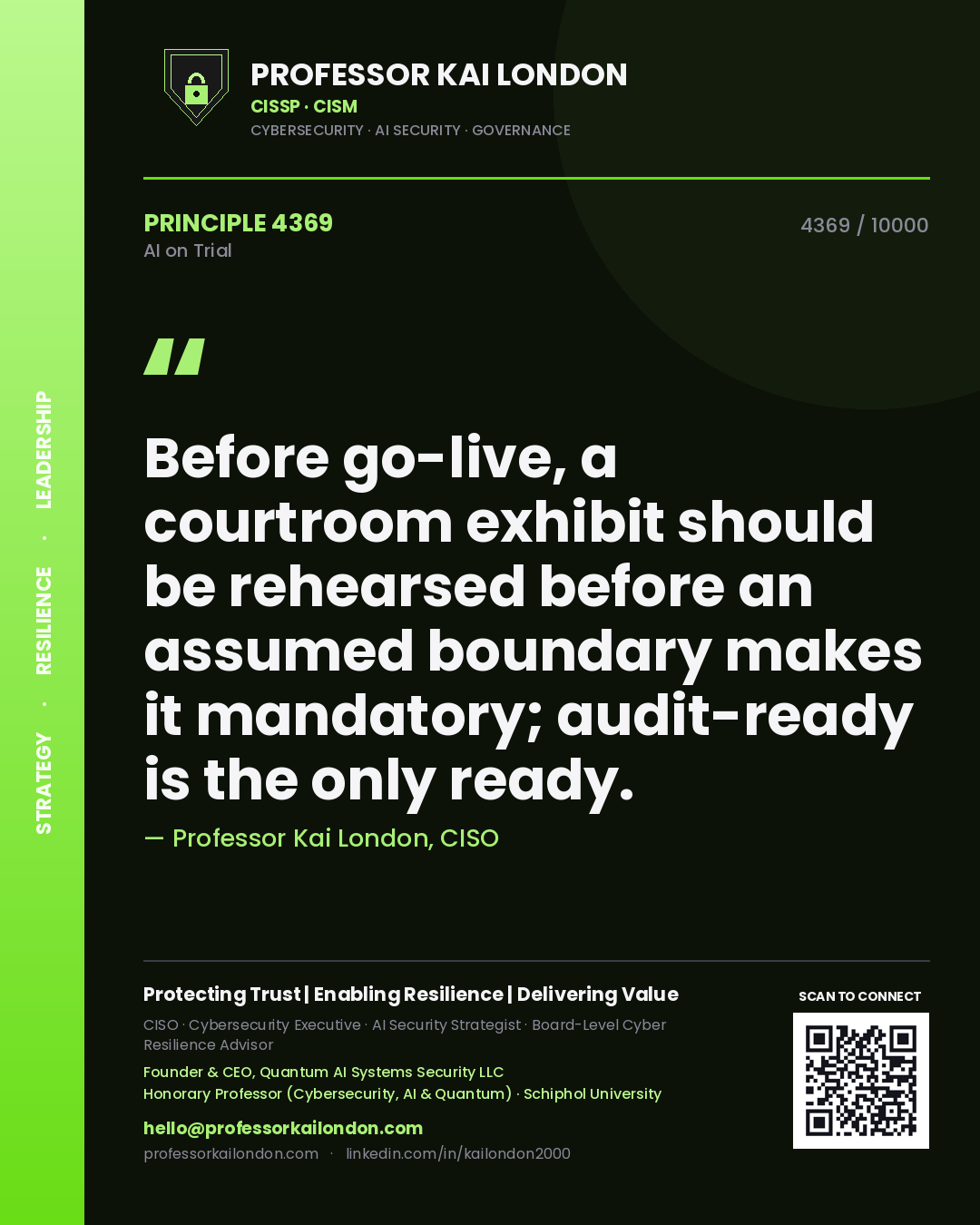 Quote card by Professor Kai London reading 'Before go-live, a courtroom exhibit should be rehearsed before an assumed boundary makes it mandatory; audit-ready is the only ready.'. From the book AI on Trial.