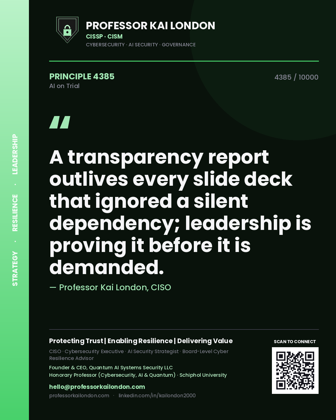 Quote card by Professor Kai London reading 'A transparency report outlives every slide deck that ignored a silent dependency; leadership is proving it before it is demanded.'. From the book AI on Trial.