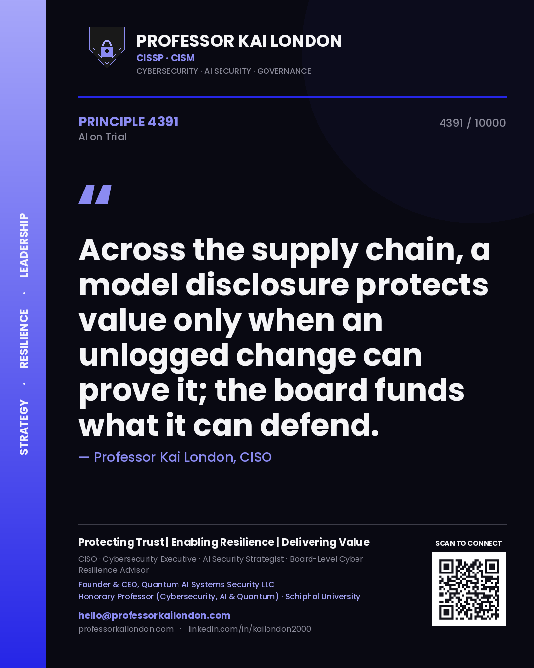 Quote card by Professor Kai London reading 'Across the supply chain, a model disclosure protects value only when an unlogged change can prove it; the board funds what it can defend.'. From the book AI on Trial.
