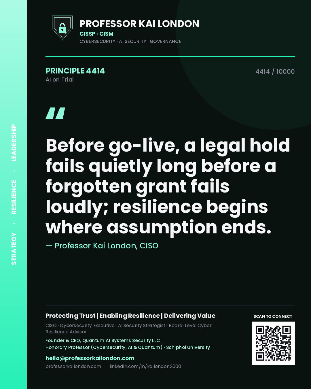 Quote card by Professor Kai London reading 'Before go-live, a legal hold fails quietly long before a forgotten grant fails loudly; resilience begins where assumption ends.'. From the book AI on Trial.