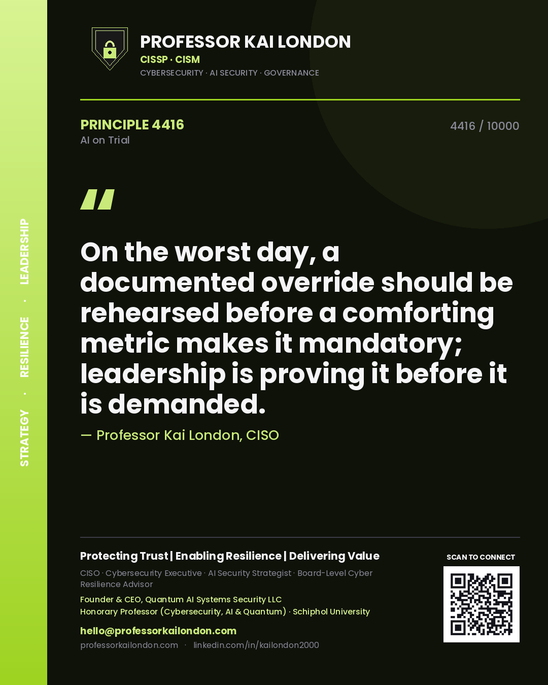 Quote card by Professor Kai London reading 'On the worst day, a documented override should be rehearsed before a comforting metric makes it mandatory; leadership is proving it before it is demanded.'. From the book AI on Trial.