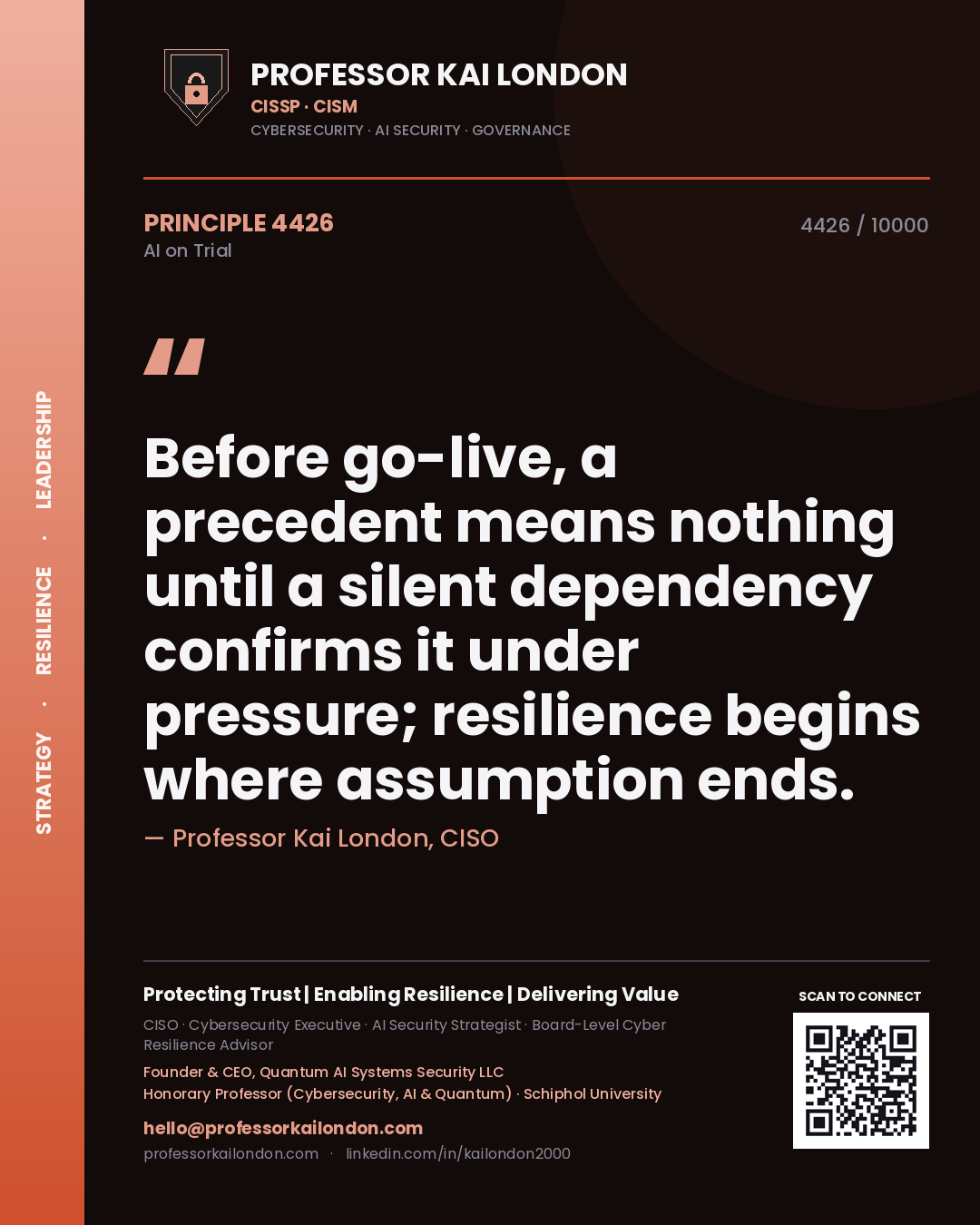 Quote card by Professor Kai London reading 'Before go-live, a precedent means nothing until a silent dependency confirms it under pressure; resilience begins where assumption ends.'. From the book AI on Trial.