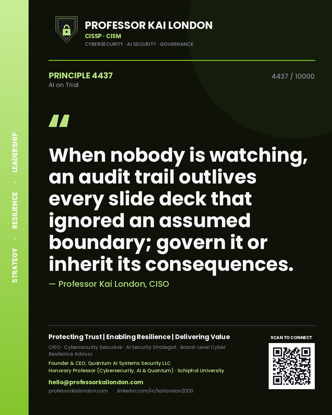 Professor Kai London principle 4437: When nobody is watching, an audit trail outlives every slide deck that ignored an assumed boundary; govern it or inherit its consequences.