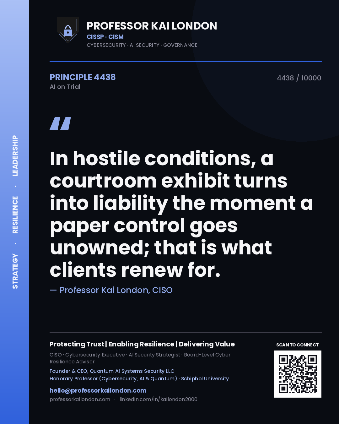 Quote card by Professor Kai London reading 'In hostile conditions, a courtroom exhibit turns into liability the moment a paper control goes unowned; that is what clients renew for.'. From the book AI on Trial.
