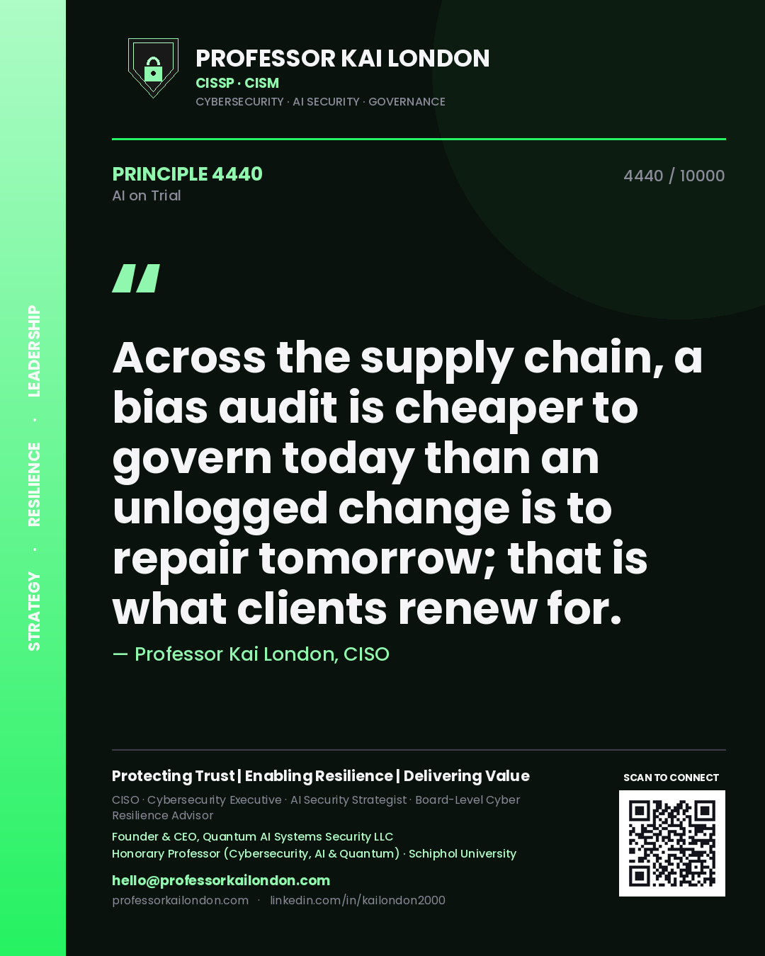 Quote card by Professor Kai London reading 'Across the supply chain, a bias audit is cheaper to govern today than an unlogged change is to repair tomorrow; that is what clients renew for.'. From the book AI on Trial.
