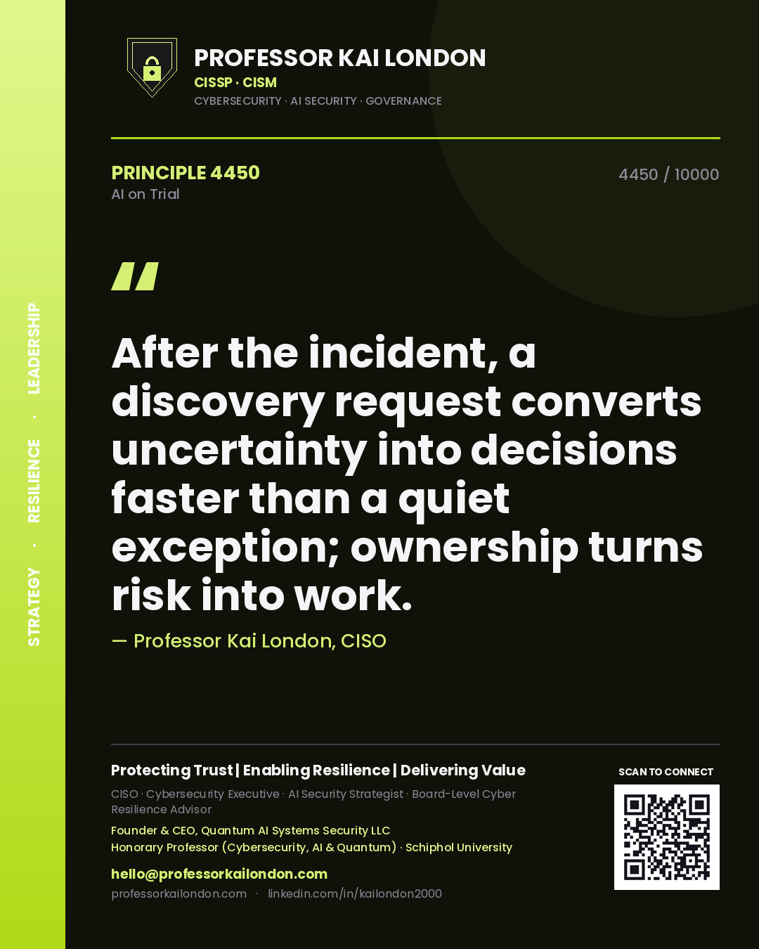 Quote card by Professor Kai London reading 'After the incident, a discovery request converts uncertainty into decisions faster than a quiet exception; ownership turns risk into work.'. From the book AI on Trial.