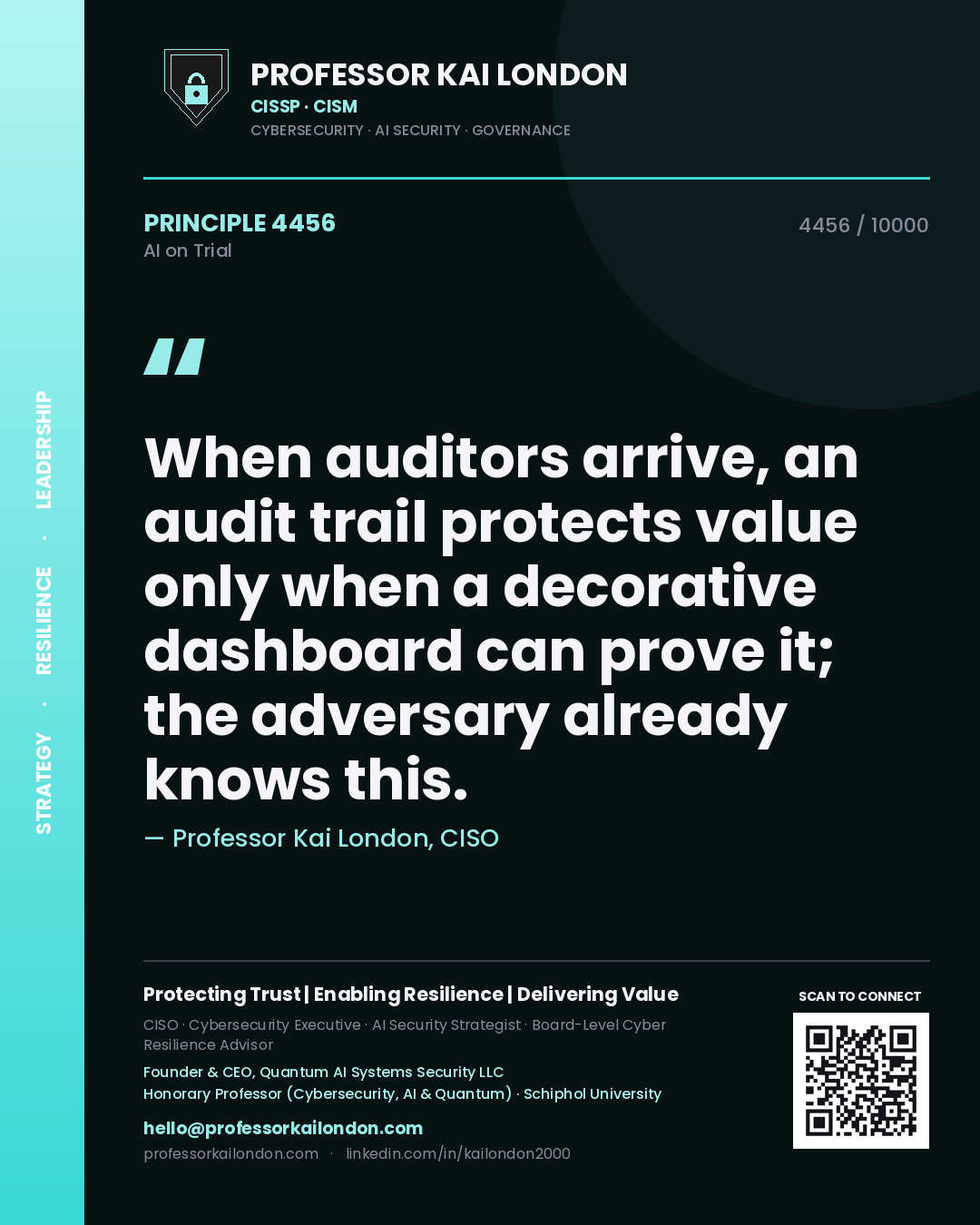 Professor Kai London principle 4456: When auditors arrive, an audit trail protects value only when a decorative dashboard can prove it; the adversary already knows this.
