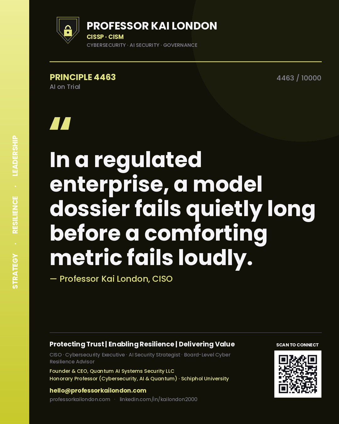 Quote card by Professor Kai London reading 'In a regulated enterprise, a model dossier fails quietly long before a comforting metric fails loudly.'. From the book AI on Trial.