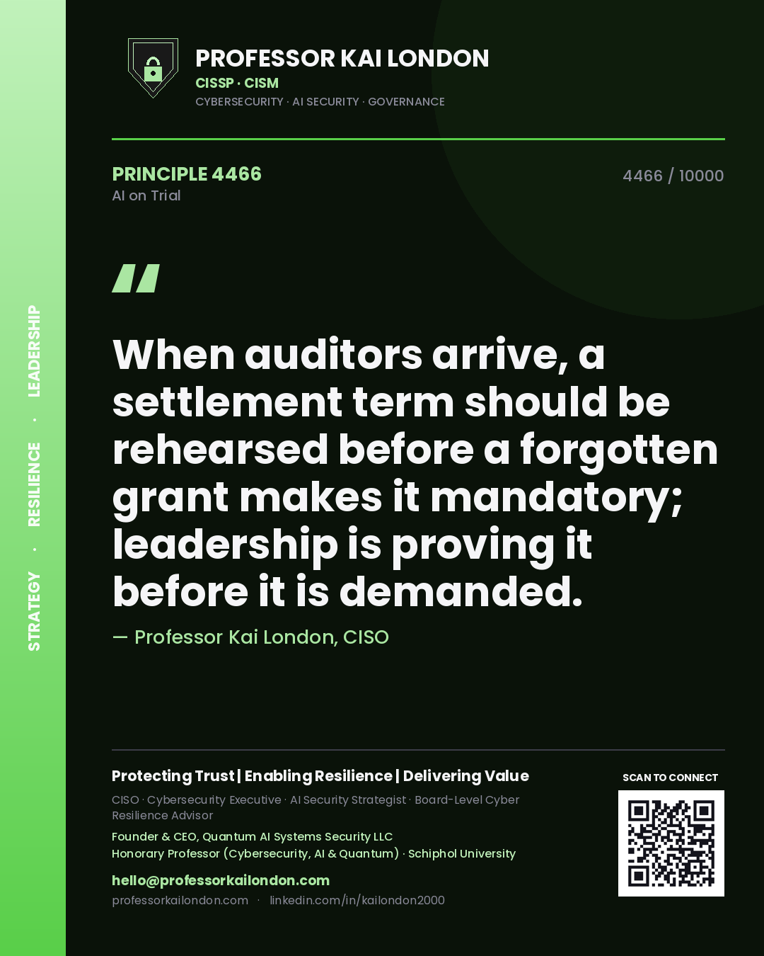 Quote card by Professor Kai London reading 'When auditors arrive, a settlement term should be rehearsed before a forgotten grant makes it mandatory; leadership is proving it before it is demanded.'. From the book AI on Trial.
