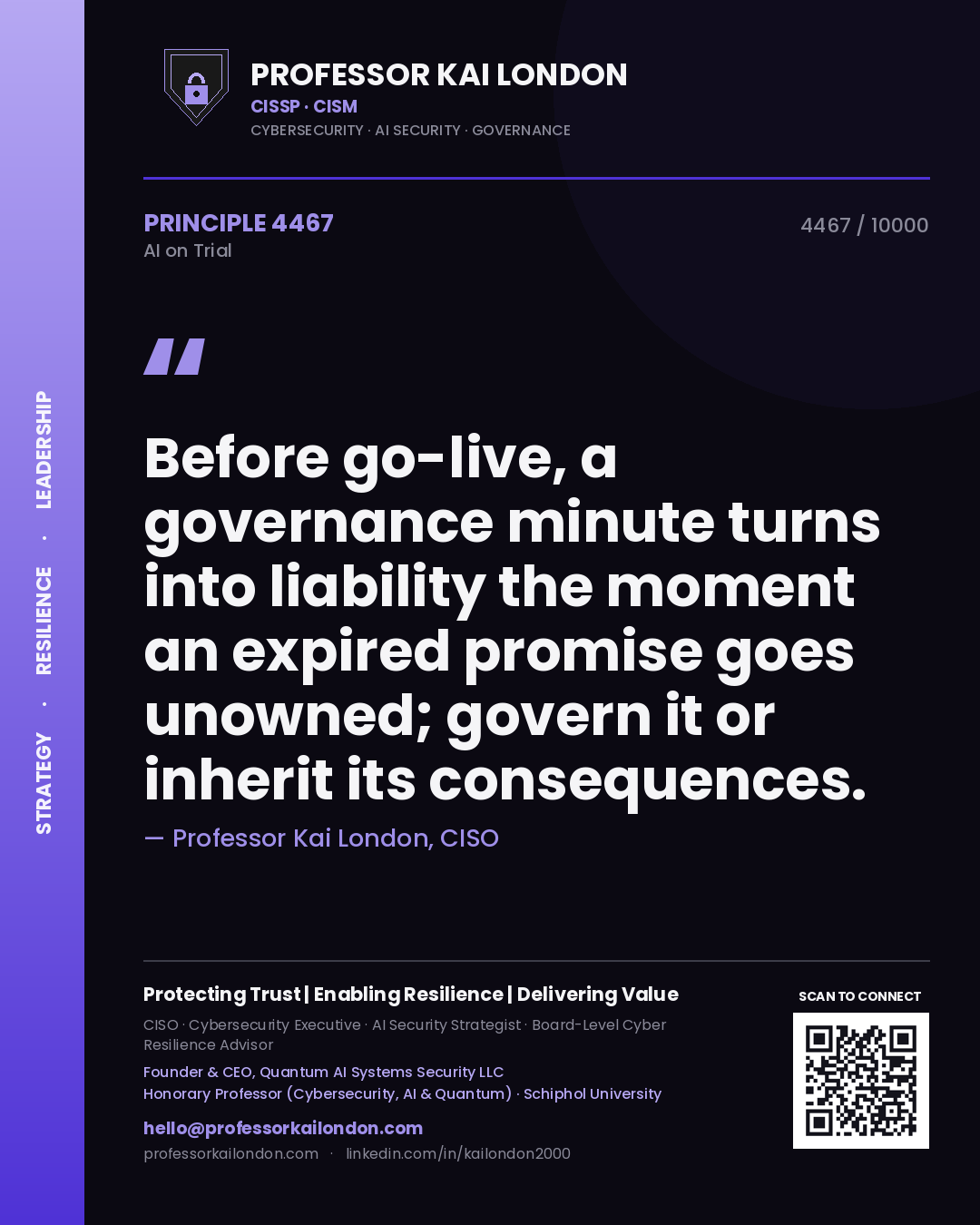 Quote card by Professor Kai London reading 'Before go-live, a governance minute turns into liability the moment an expired promise goes unowned; govern it or inherit its consequences.'. From the book AI on Trial.