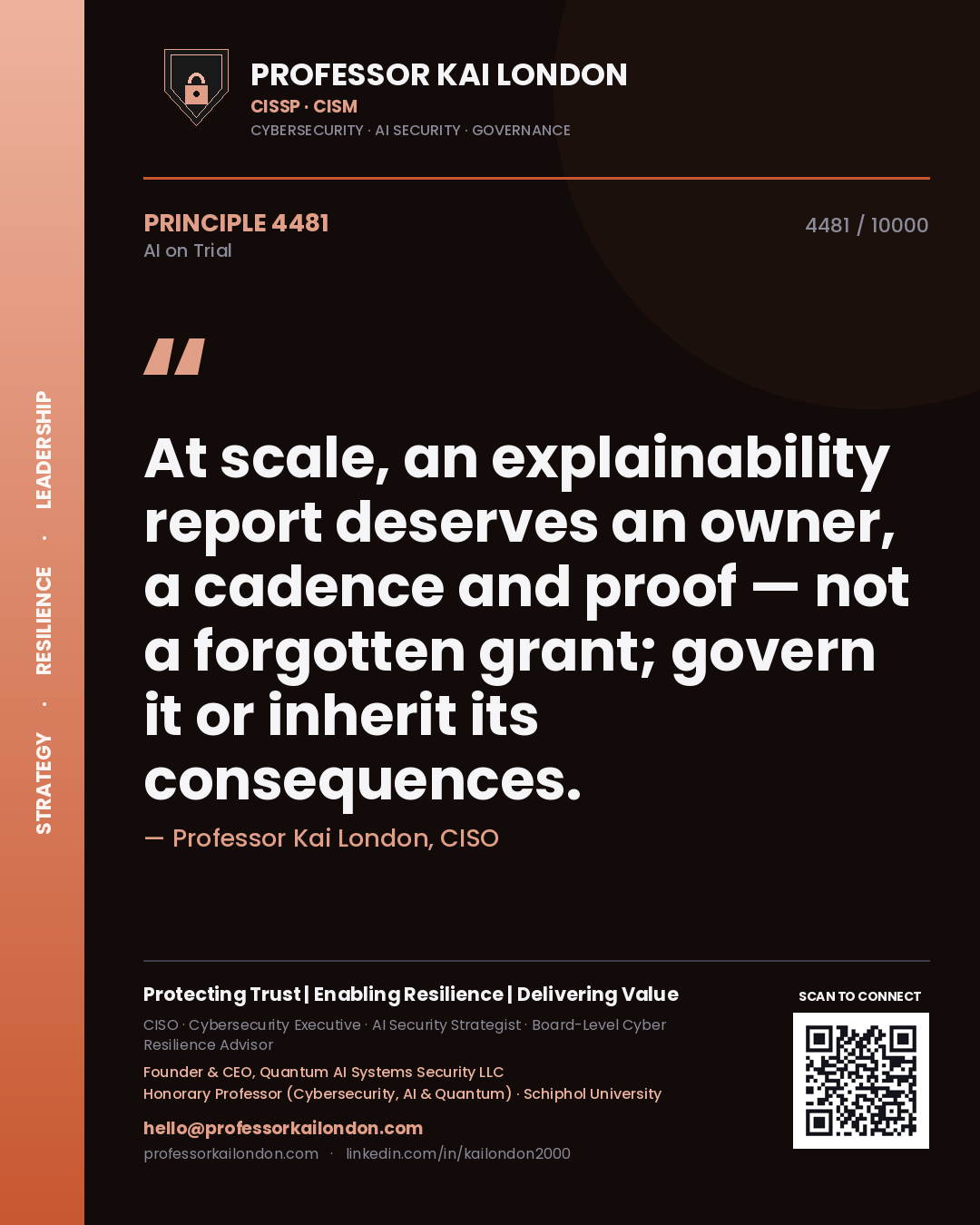 Quote card by Professor Kai London reading 'At scale, an explainability report deserves an owner, a cadence and proof — not a forgotten grant; govern it or inherit its consequences.'. From the book AI on Trial.