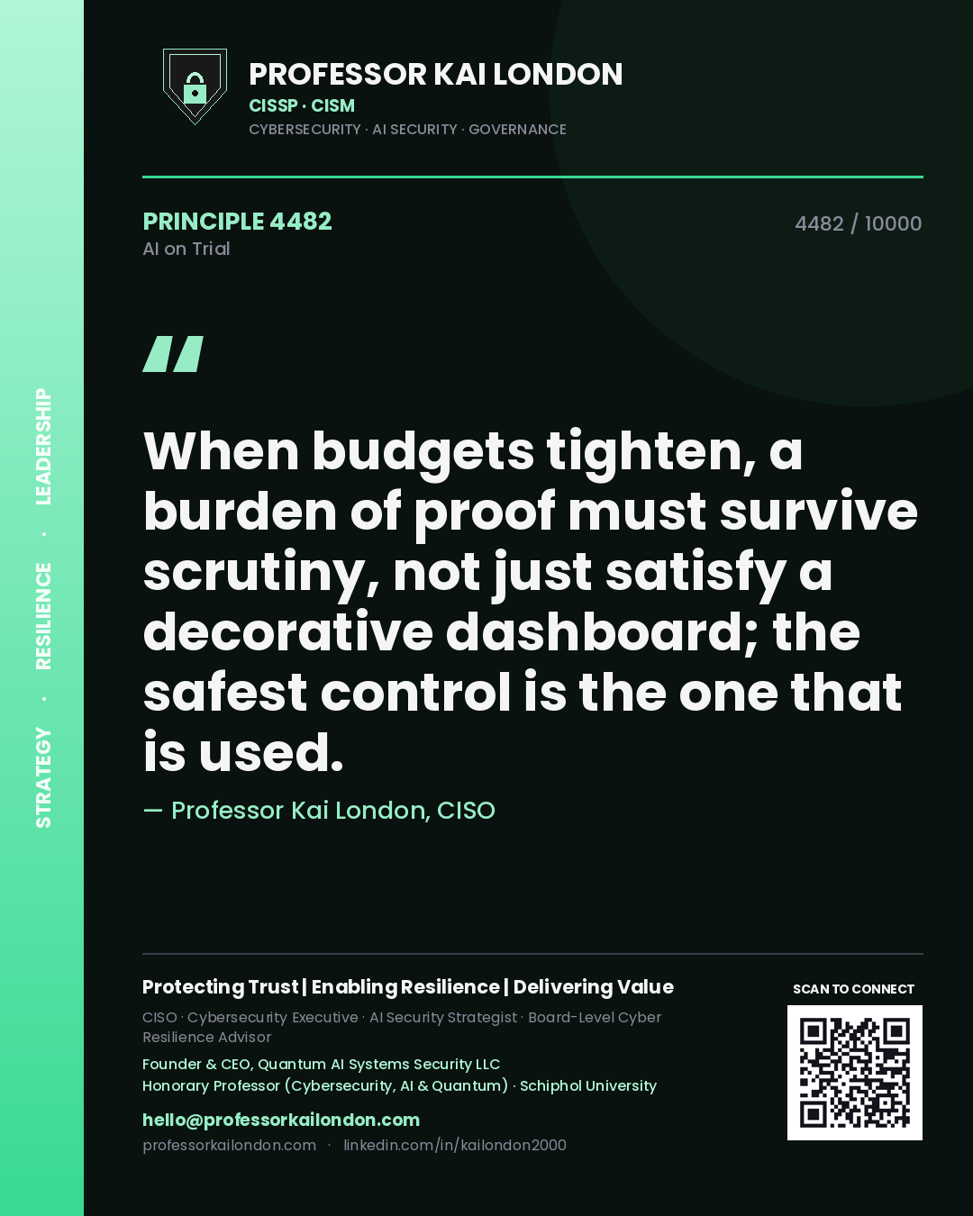 Quote card by Professor Kai London reading 'When budgets tighten, a burden of proof must survive scrutiny, not just satisfy a decorative dashboard; the safest control is the one that is used.'. From the book AI on Trial.