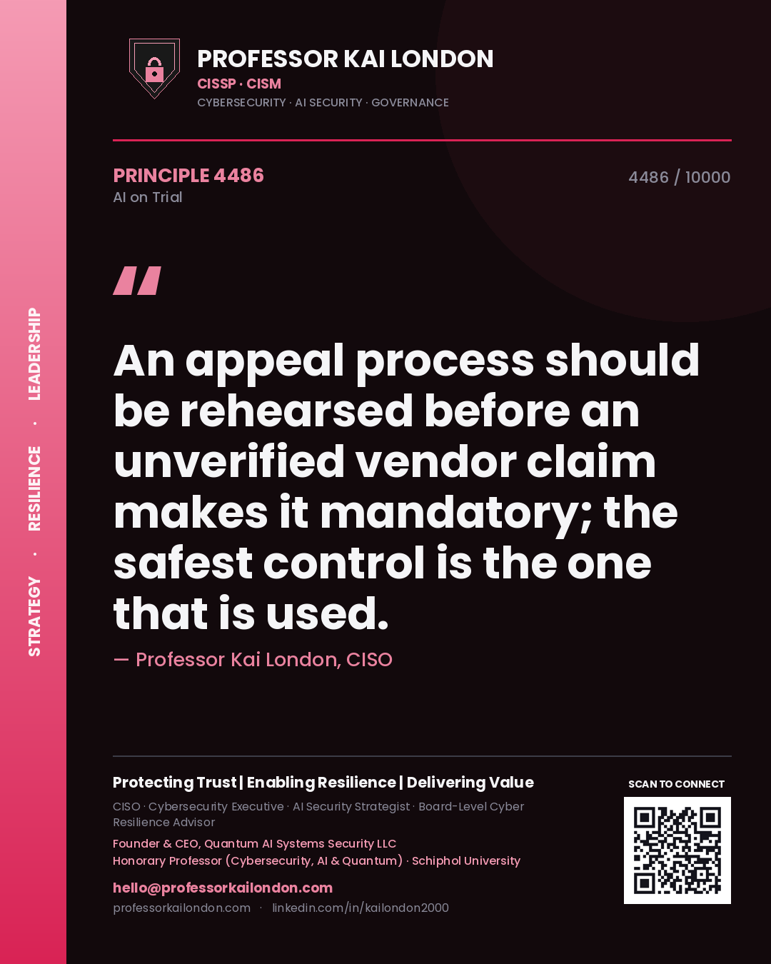 Quote card by Professor Kai London reading 'An appeal process should be rehearsed before an unverified vendor claim makes it mandatory; the safest control is the one that is used.'. From the book AI on Trial.