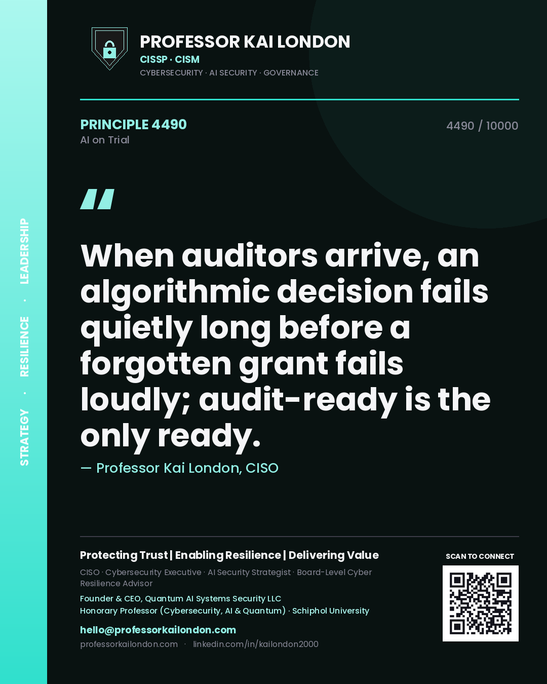 Quote card by Professor Kai London reading 'When auditors arrive, an algorithmic decision fails quietly long before a forgotten grant fails loudly; audit-ready is the only ready.'. From the book AI on Trial.