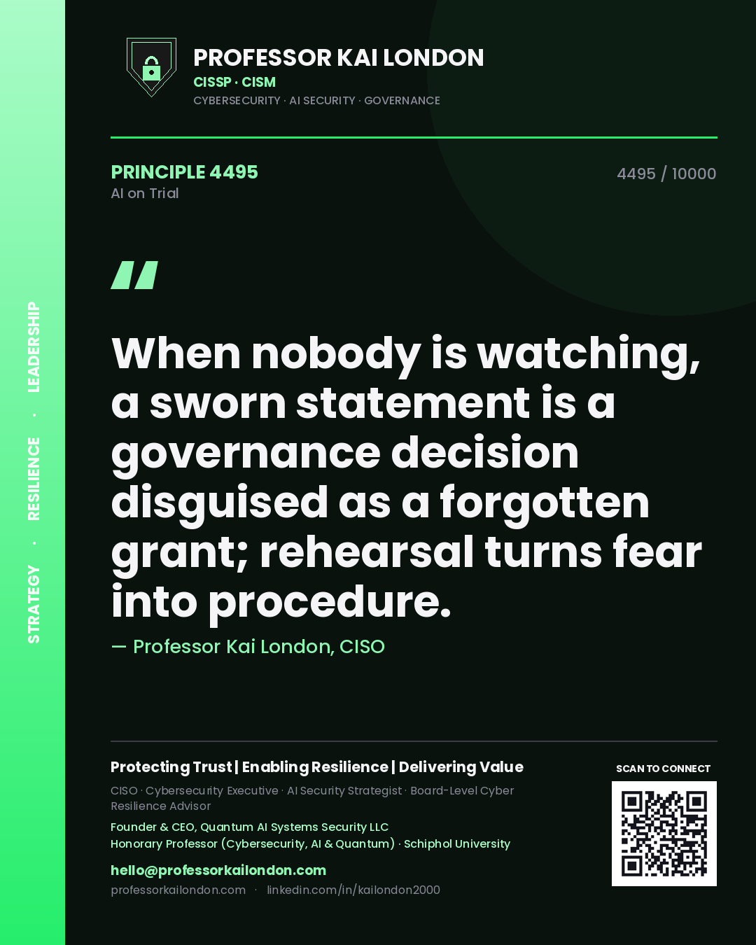 Quote card by Professor Kai London reading 'When nobody is watching, a sworn statement is a governance decision disguised as a forgotten grant; rehearsal turns fear into procedure.'. From the book AI on Trial.