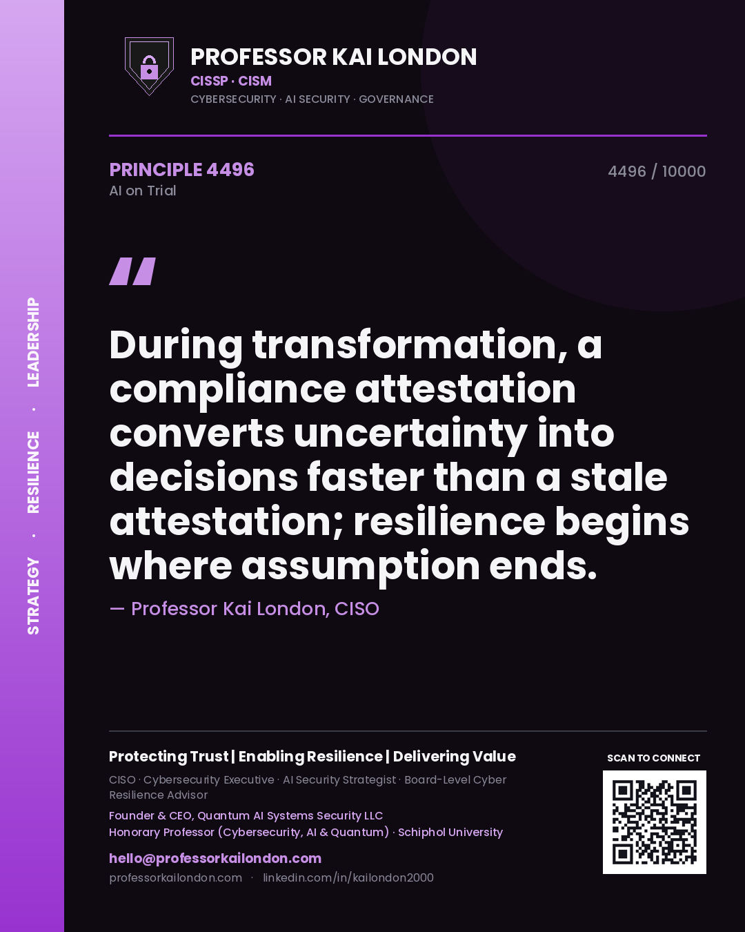 Quote card by Professor Kai London reading 'During transformation, a compliance attestation converts uncertainty into decisions faster than a stale attestation; resilience begins where assumption ends.'. From the book AI on Trial.