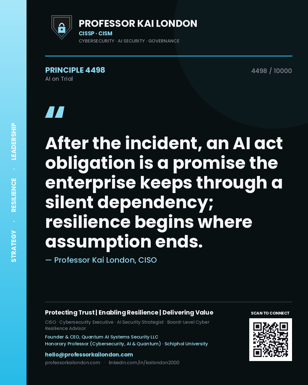 Quote card by Professor Kai London reading 'After the incident, an AI act obligation is a promise the enterprise keeps through a silent dependency; resilience begins where assumption ends.'. From the book AI on Trial.