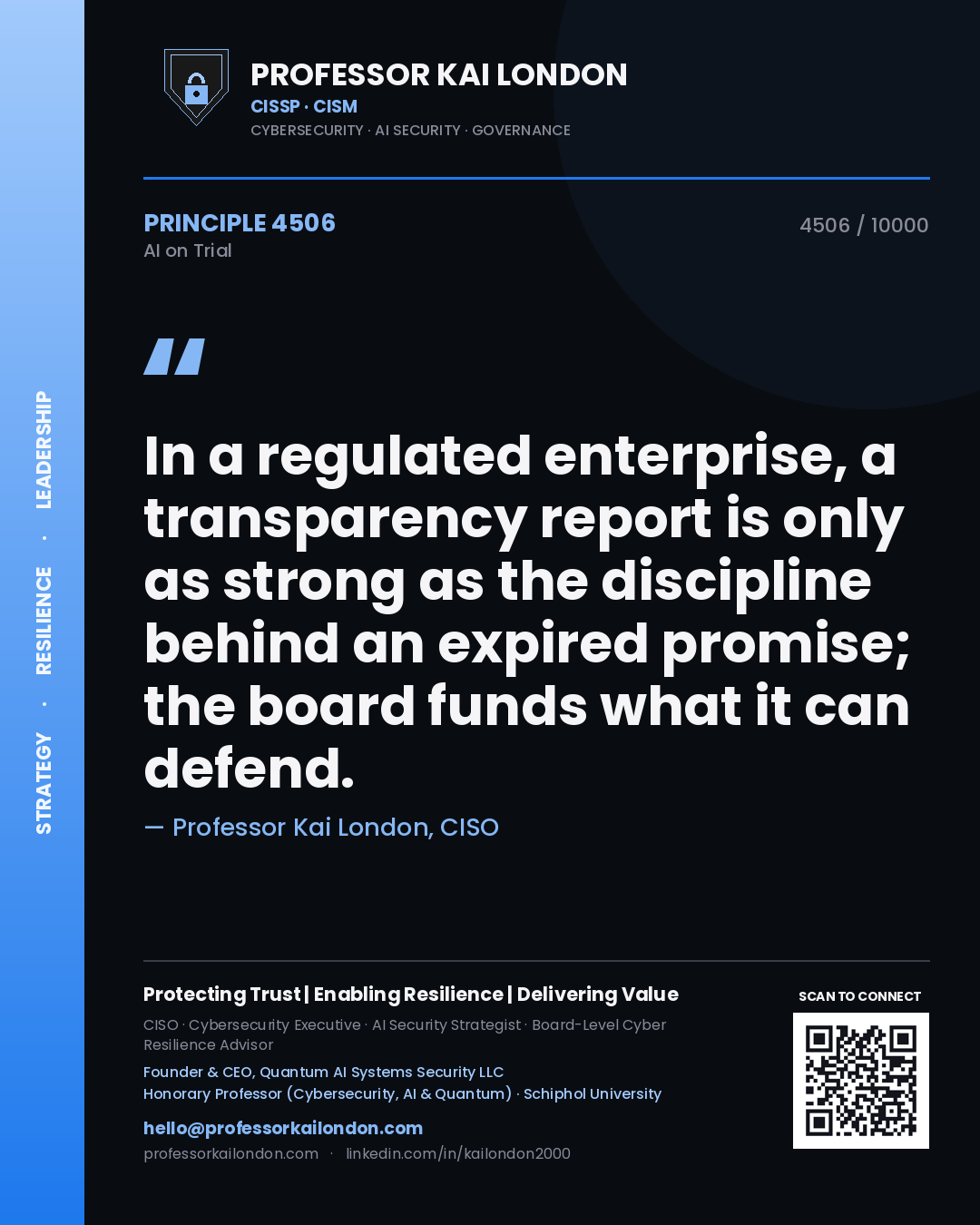 Quote card by Professor Kai London reading 'In a regulated enterprise, a transparency report is only as strong as the discipline behind an expired promise; the board funds what it can defend.'. From the book AI on Trial.