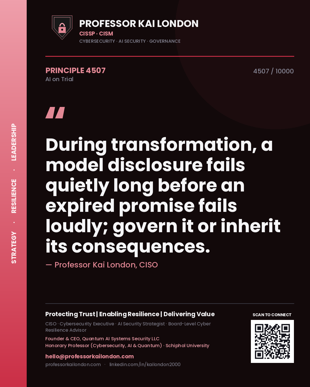 Professor Kai London principle 4507: During transformation, a model disclosure fails quietly long before an expired promise fails loudly; govern it or inherit its consequences.