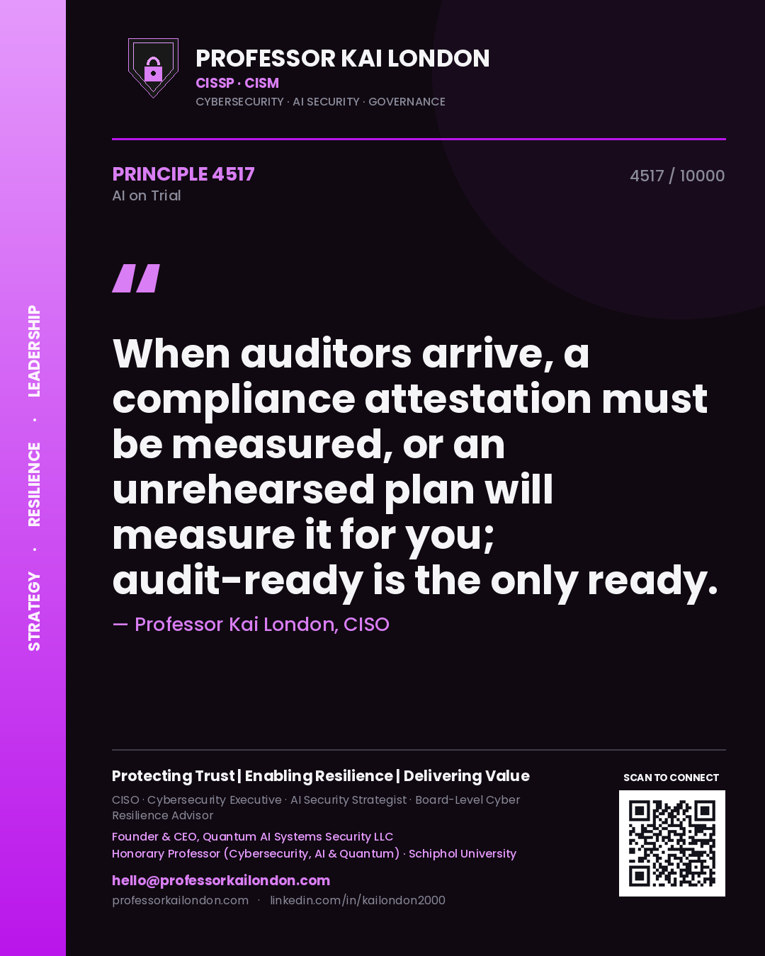 Quote card by Professor Kai London reading 'When auditors arrive, a compliance attestation must be measured, or an unrehearsed plan will measure it for you; audit-ready is the only ready.'. From the book AI on Trial.