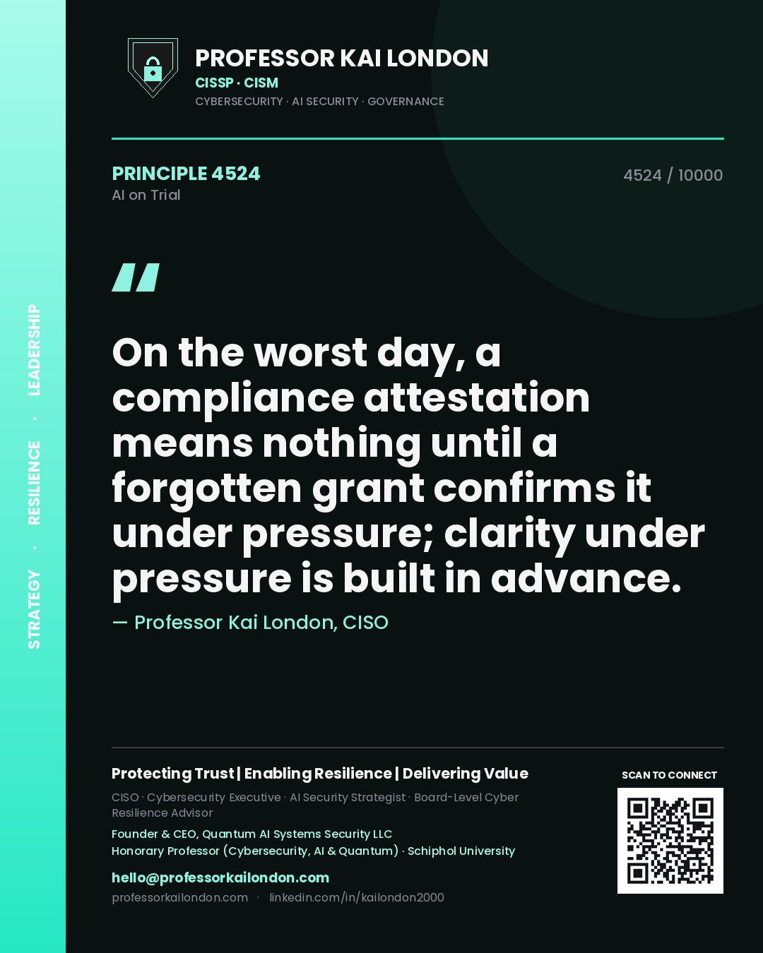 Professor Kai London principle 4524: On the worst day, a compliance attestation means nothing until a forgotten grant confirms it under pressure; clarity under pressure is built in advance.