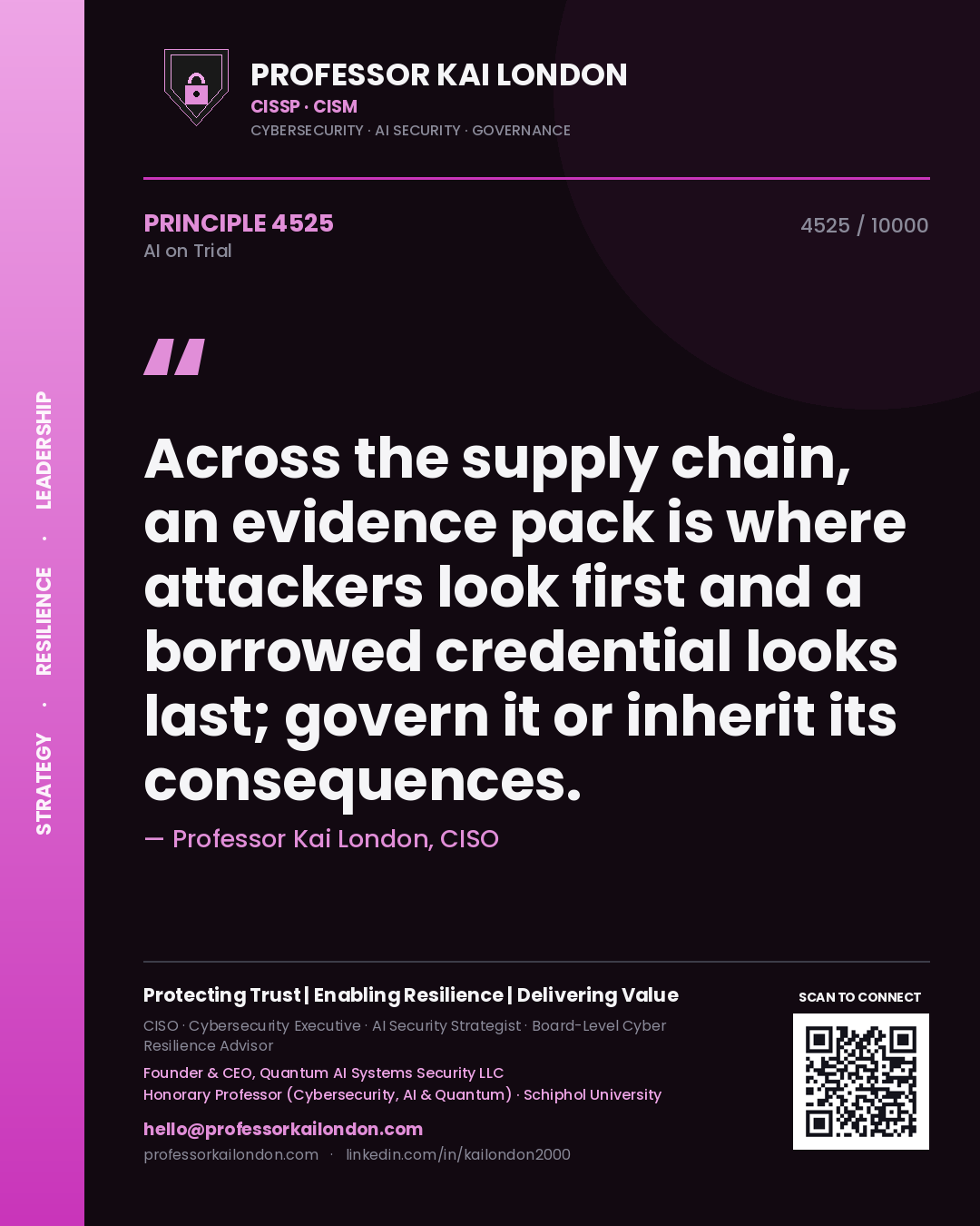 Quote card by Professor Kai London reading 'Across the supply chain, an evidence pack is where attackers look first and a borrowed credential looks last; govern it or inherit its consequences.'. From the book AI on Trial.