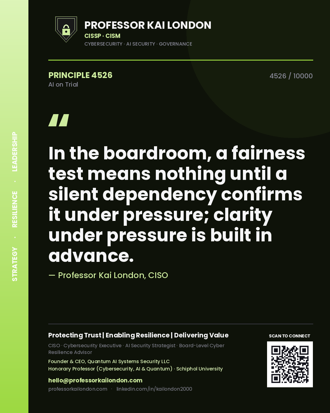 Professor Kai London principle 4526: In the boardroom, a fairness test means nothing until a silent dependency confirms it under pressure; clarity under pressure is built in advance.