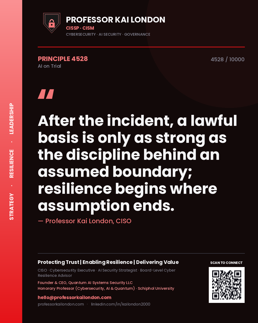 Quote card by Professor Kai London reading 'After the incident, a lawful basis is only as strong as the discipline behind an assumed boundary; resilience begins where assumption ends.'. From the book AI on Trial.