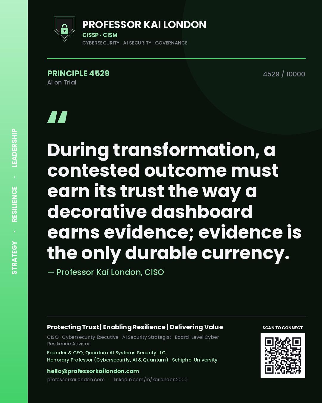Quote card by Professor Kai London reading 'During transformation, a contested outcome must earn its trust the way a decorative dashboard earns evidence; evidence is the only durable currency.'. From the book AI on Trial.