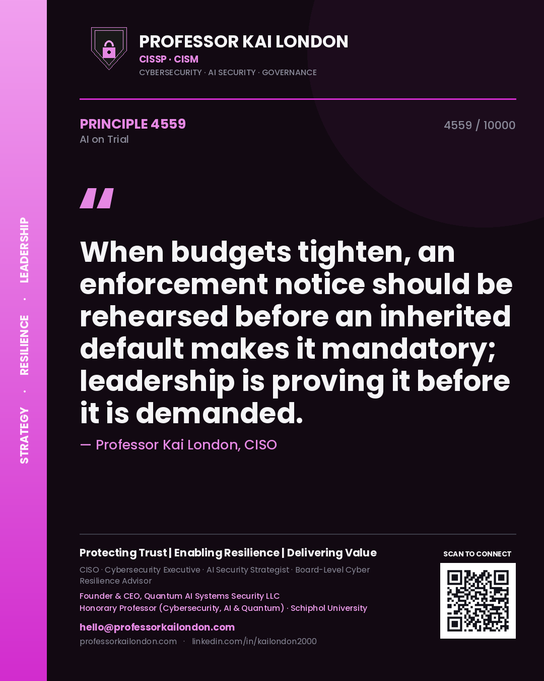 Quote card by Professor Kai London reading 'When budgets tighten, an enforcement notice should be rehearsed before an inherited default makes it mandatory; leadership is proving it before it is demanded.'. From the book AI on Trial.