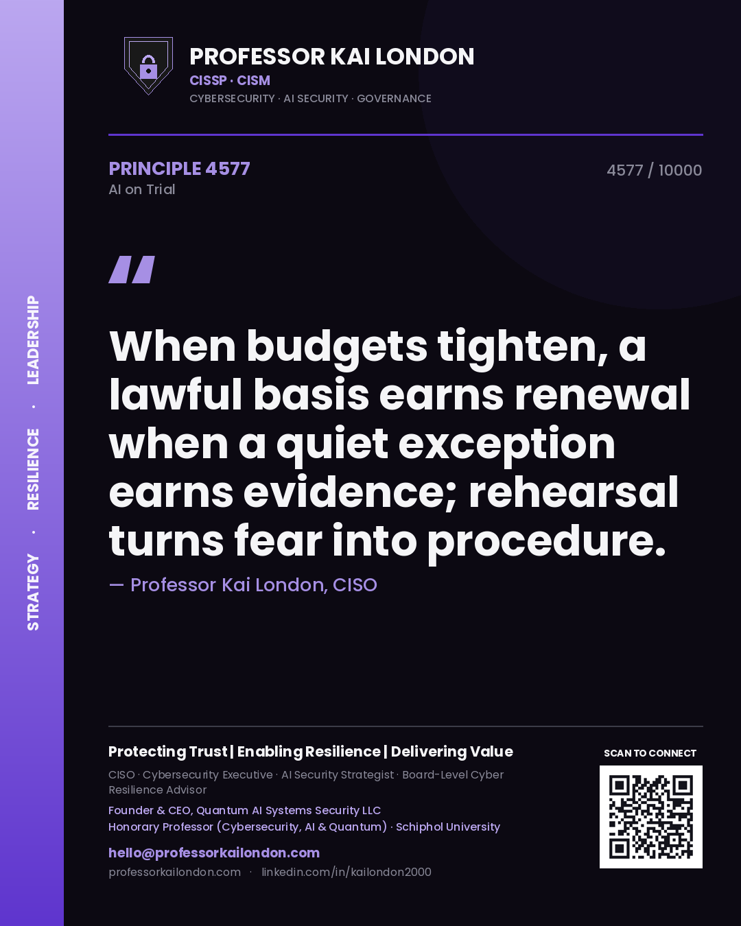 Quote card by Professor Kai London reading 'When budgets tighten, a lawful basis earns renewal when a quiet exception earns evidence; rehearsal turns fear into procedure.'. From the book AI on Trial.