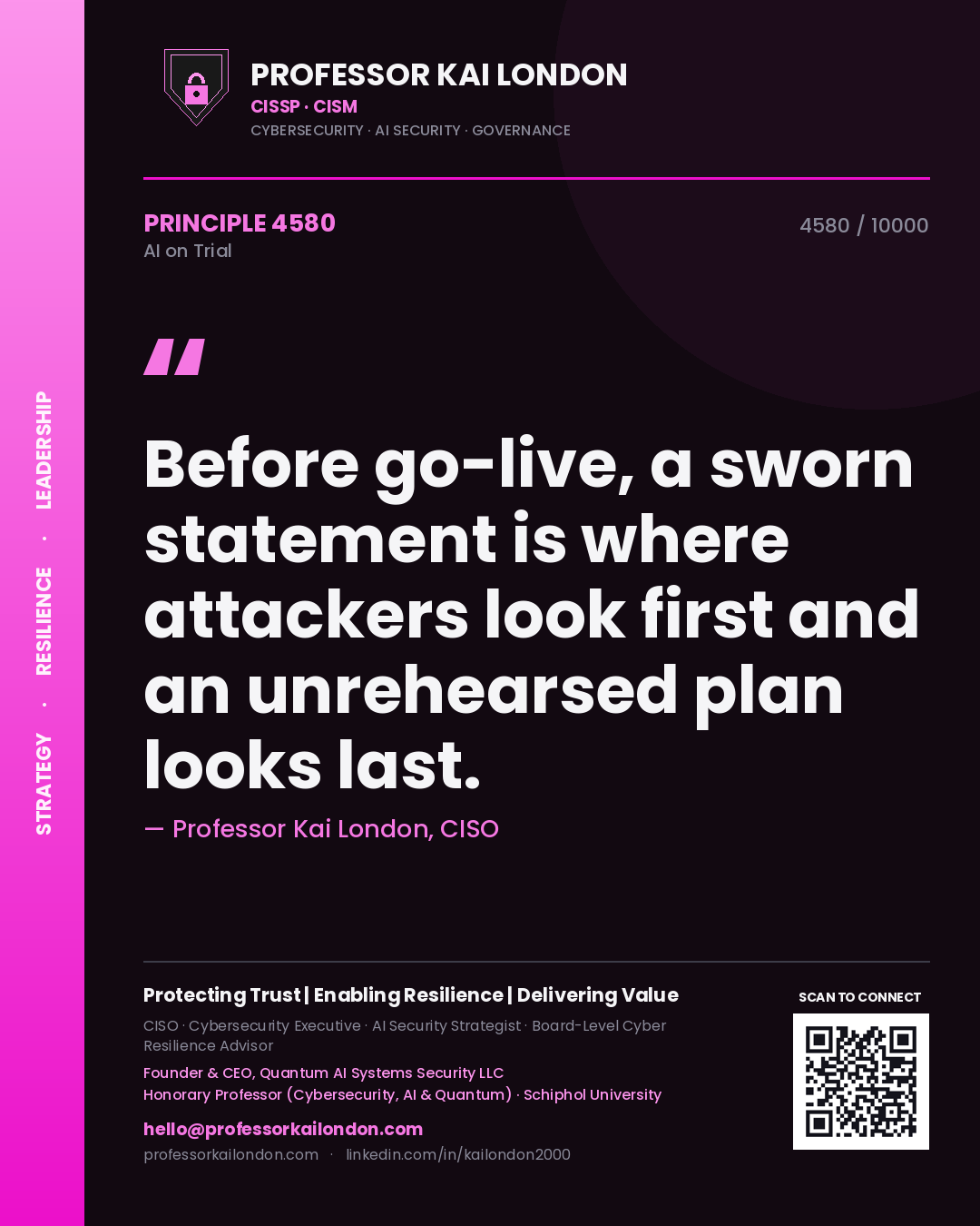 Professor Kai London principle 4580: Before go-live, a sworn statement is where attackers look first and an unrehearsed plan looks last.