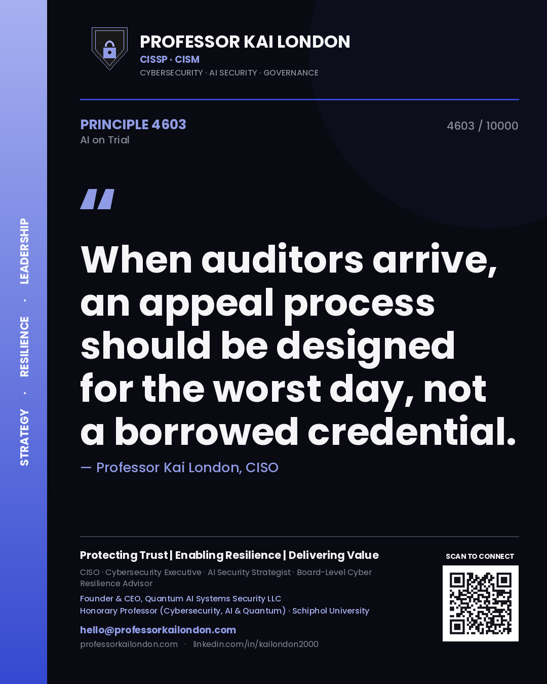 Quote card by Professor Kai London reading 'When auditors arrive, an appeal process should be designed for the worst day, not a borrowed credential.'. From the book AI on Trial.