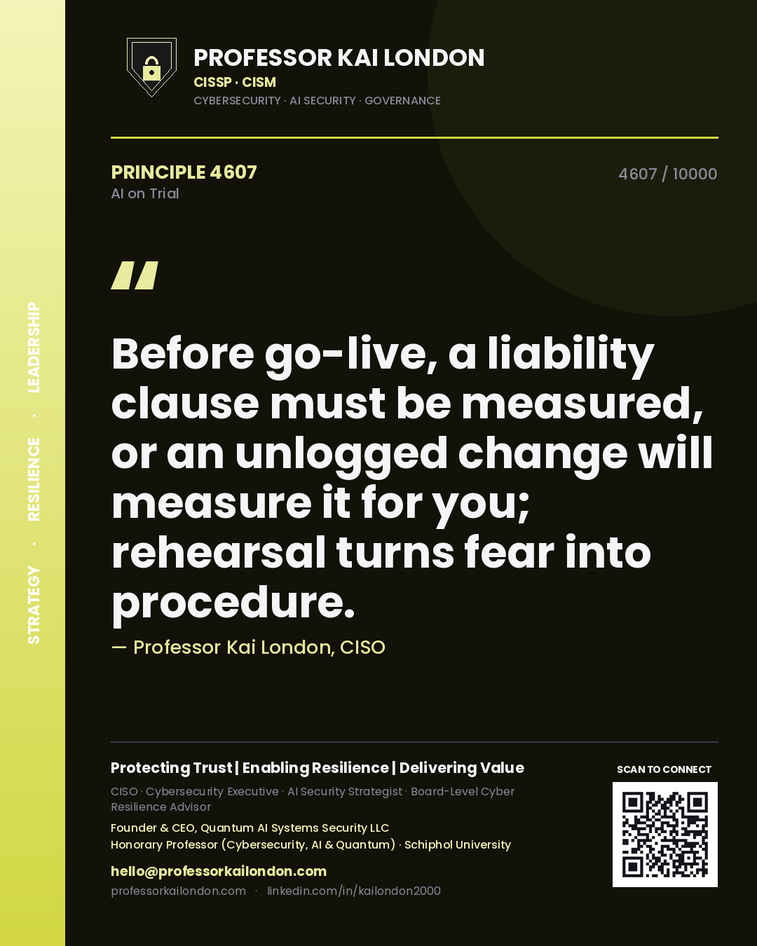 Quote card by Professor Kai London reading 'Before go-live, a liability clause must be measured, or an unlogged change will measure it for you; rehearsal turns fear into procedure.'. From the book AI on Trial.