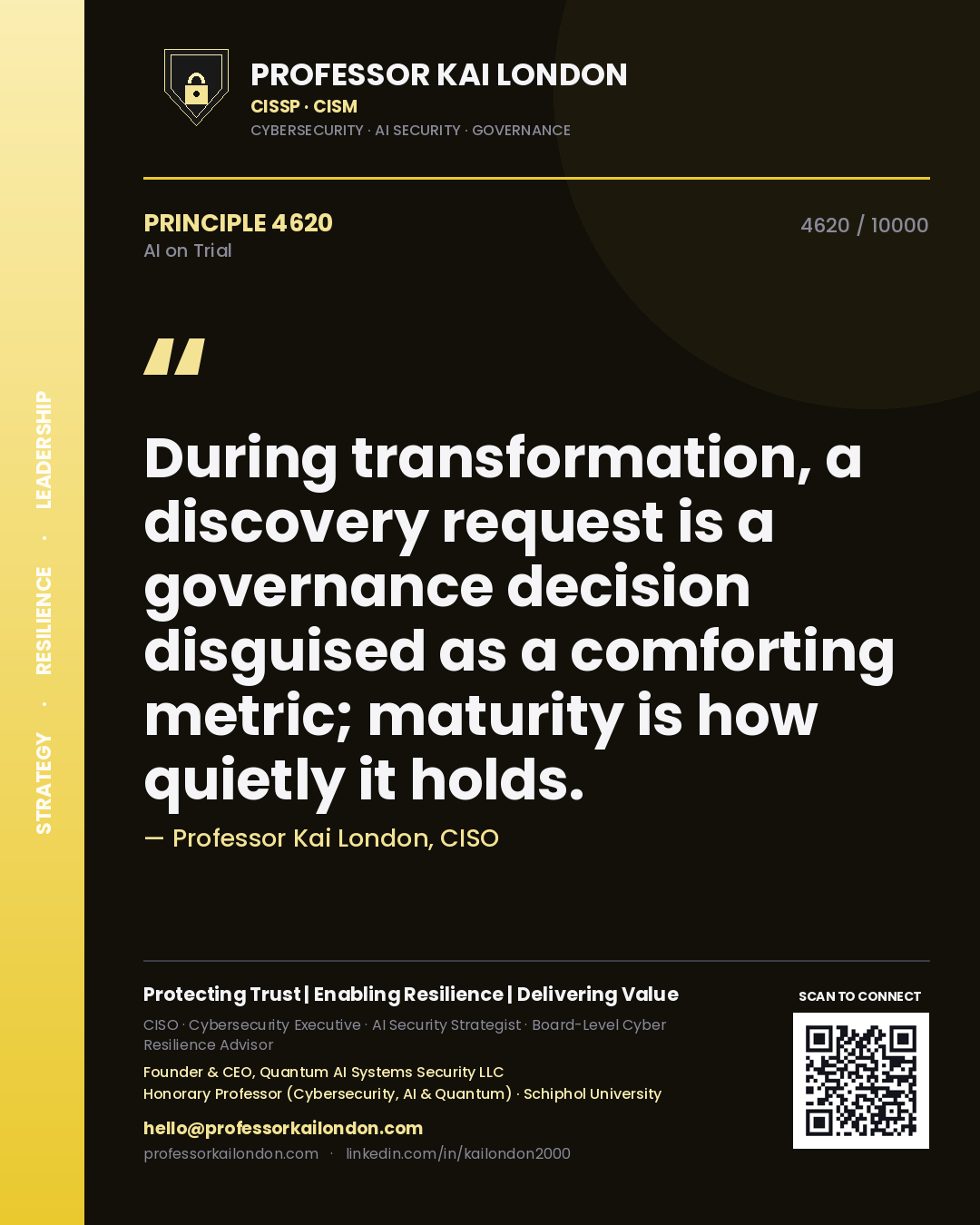 Quote card by Professor Kai London reading 'During transformation, a discovery request is a governance decision disguised as a comforting metric; maturity is how quietly it holds.'. From the book AI on Trial.