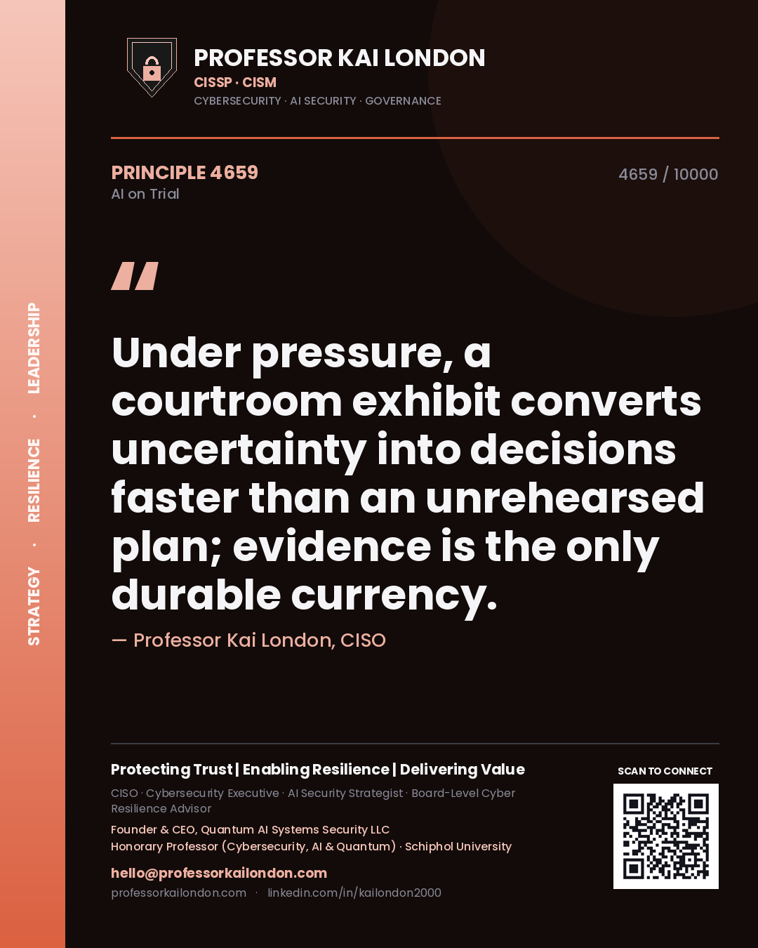Professor Kai London principle 4659: Under pressure, a courtroom exhibit converts uncertainty into decisions faster than an unrehearsed plan; evidence is the only durable currency.