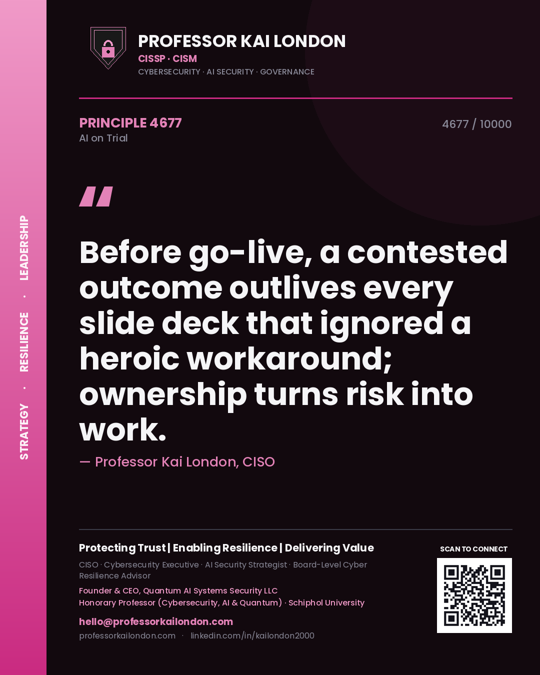 Quote card by Professor Kai London reading 'Before go-live, a contested outcome outlives every slide deck that ignored a heroic workaround; ownership turns risk into work.'. From the book AI on Trial.