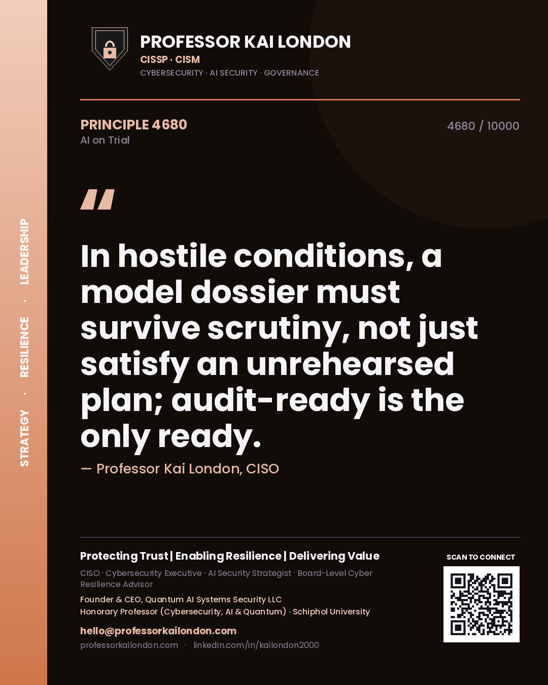 Professor Kai London principle 4680: In hostile conditions, a model dossier must survive scrutiny, not just satisfy an unrehearsed plan; audit-ready is the only ready.
