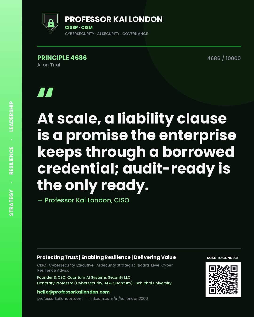 Quote card by Professor Kai London reading 'At scale, a liability clause is a promise the enterprise keeps through a borrowed credential; audit-ready is the only ready.'. From the book AI on Trial.