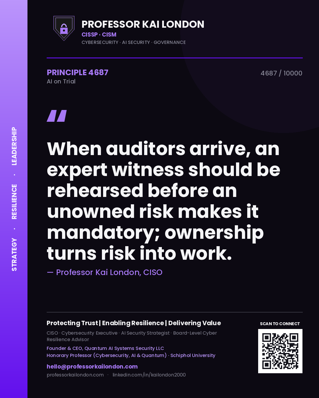 Professor Kai London principle 4687: When auditors arrive, an expert witness should be rehearsed before an unowned risk makes it mandatory; ownership turns risk into work.