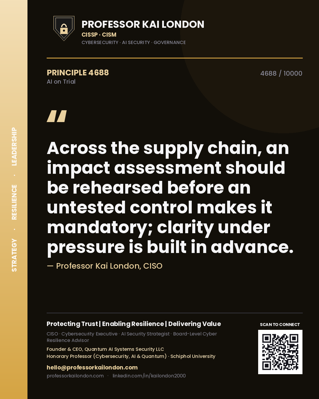 Professor Kai London principle 4688: Across the supply chain, an impact assessment should be rehearsed before an untested control makes it mandatory; clarity under pressure is built in advance.