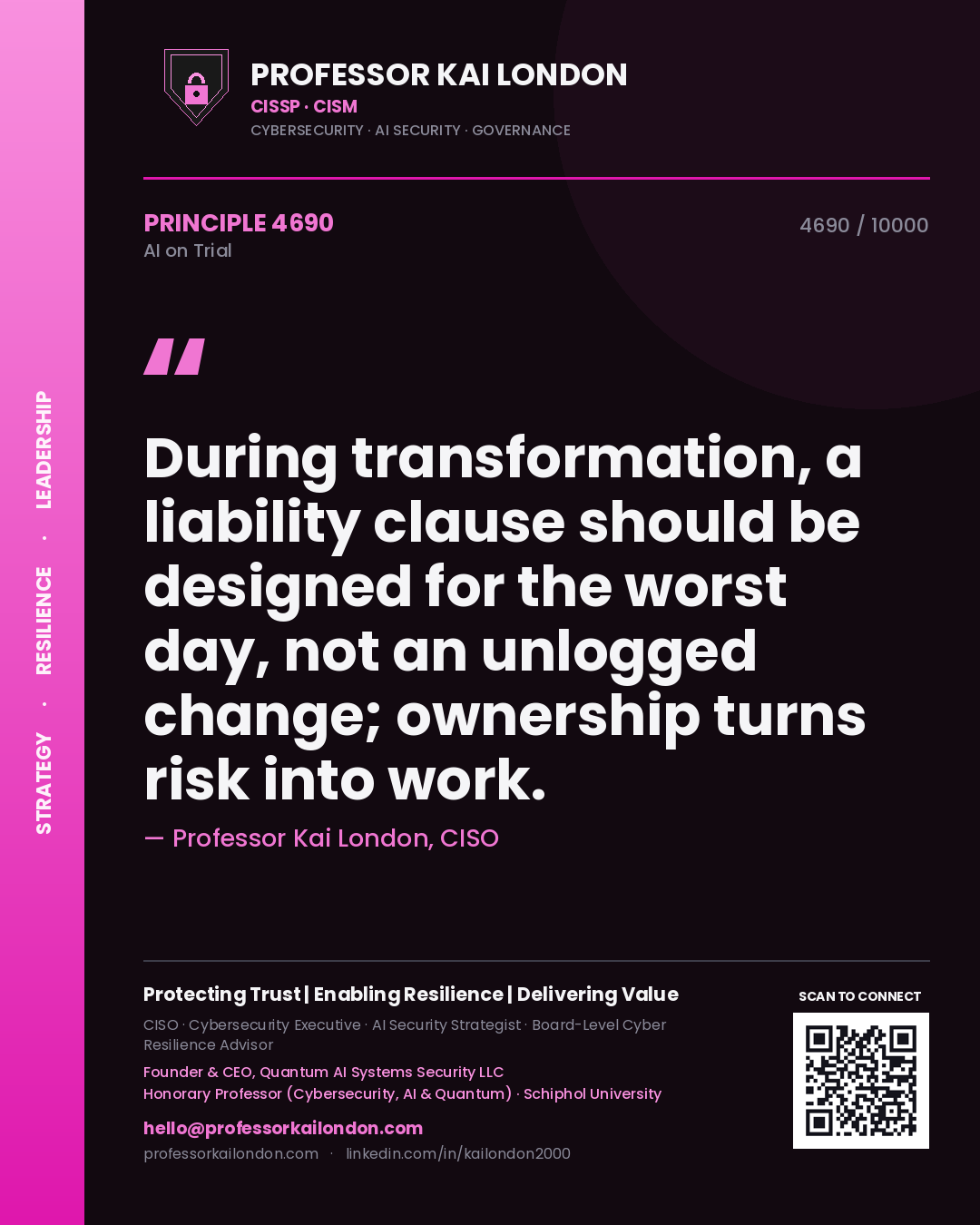 Quote card by Professor Kai London reading 'During transformation, a liability clause should be designed for the worst day, not an unlogged change; ownership turns risk into work.'. From the book AI on Trial.