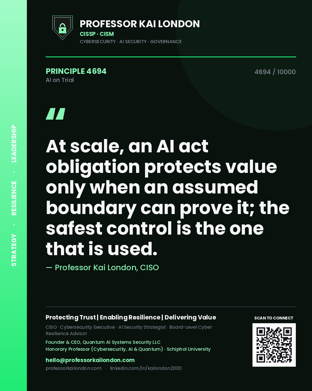 Professor Kai London principle 4694: At scale, an AI act obligation protects value only when an assumed boundary can prove it; the safest control is the one that is used.