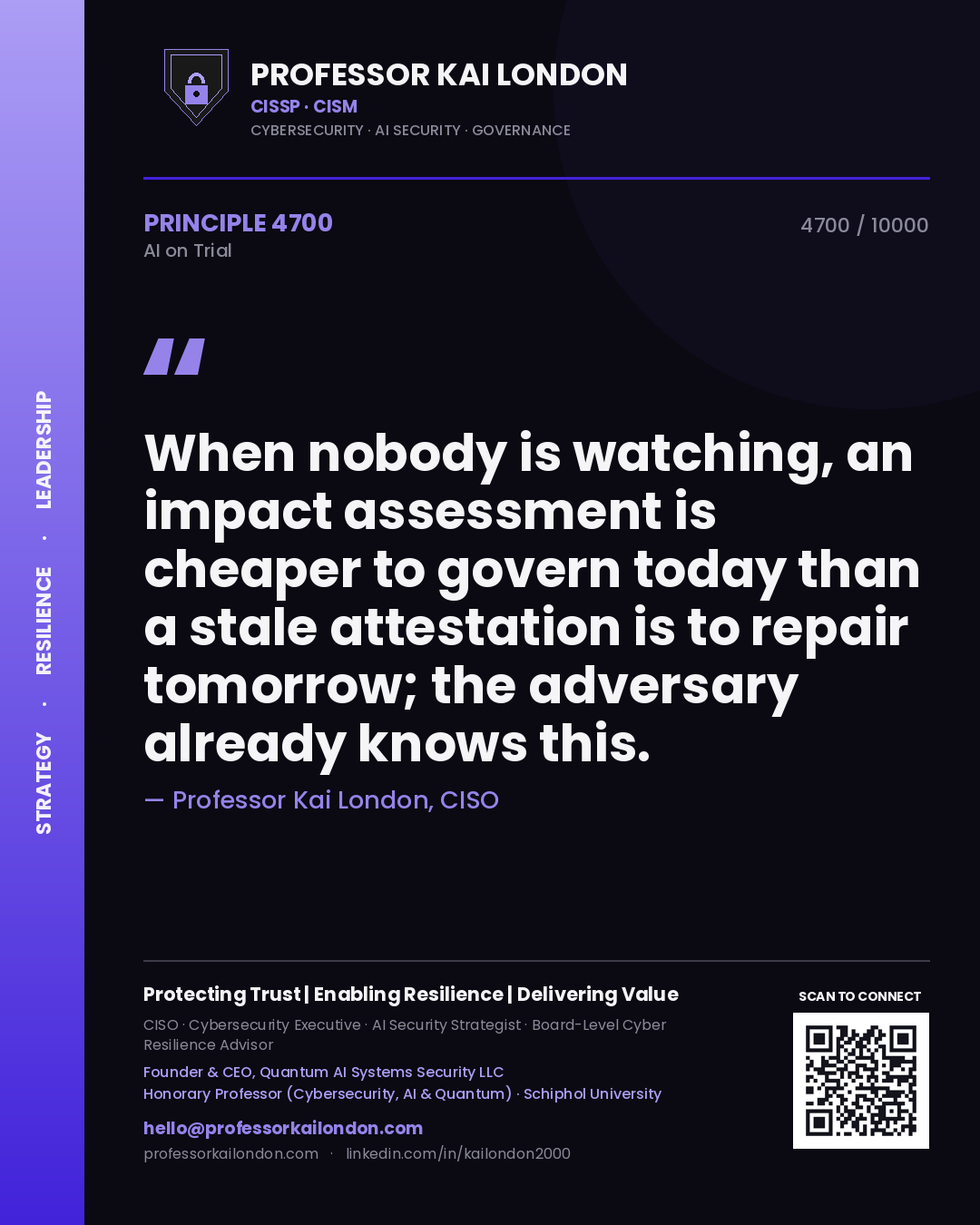 Quote card by Professor Kai London reading 'When nobody is watching, an impact assessment is cheaper to govern today than a stale attestation is to repair tomorrow; the adversary already knows this.'. From the book AI on Trial.